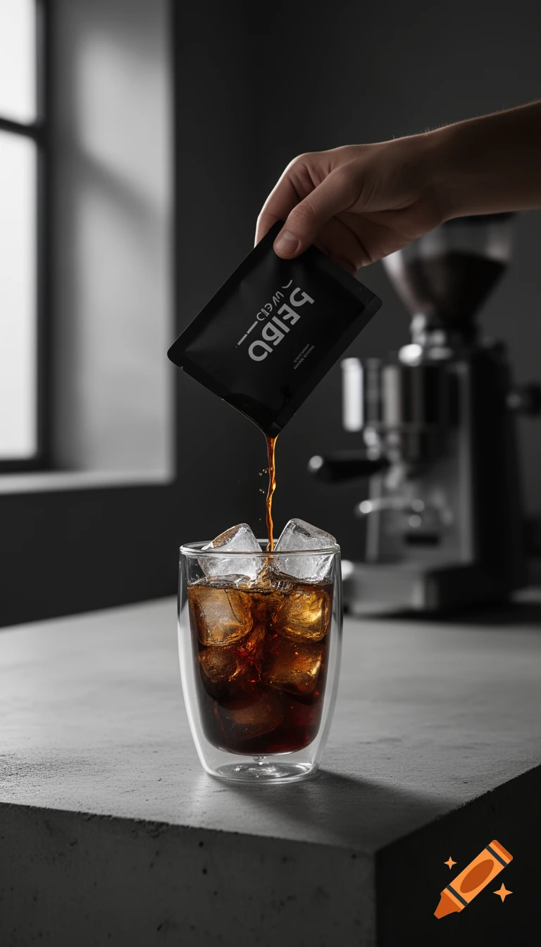 Hand pouring dark coffee concentrate from a black pouch into a glass of iced coffee, set on a concrete counter in a moody, cinematic product shot.
