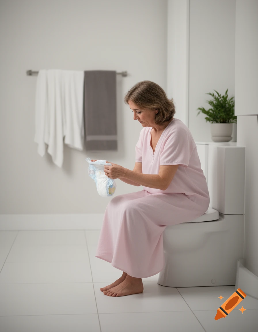 An older woman in a pink nightgown sits on a toilet, holding a diaper in her hands, in a clean bathroom.