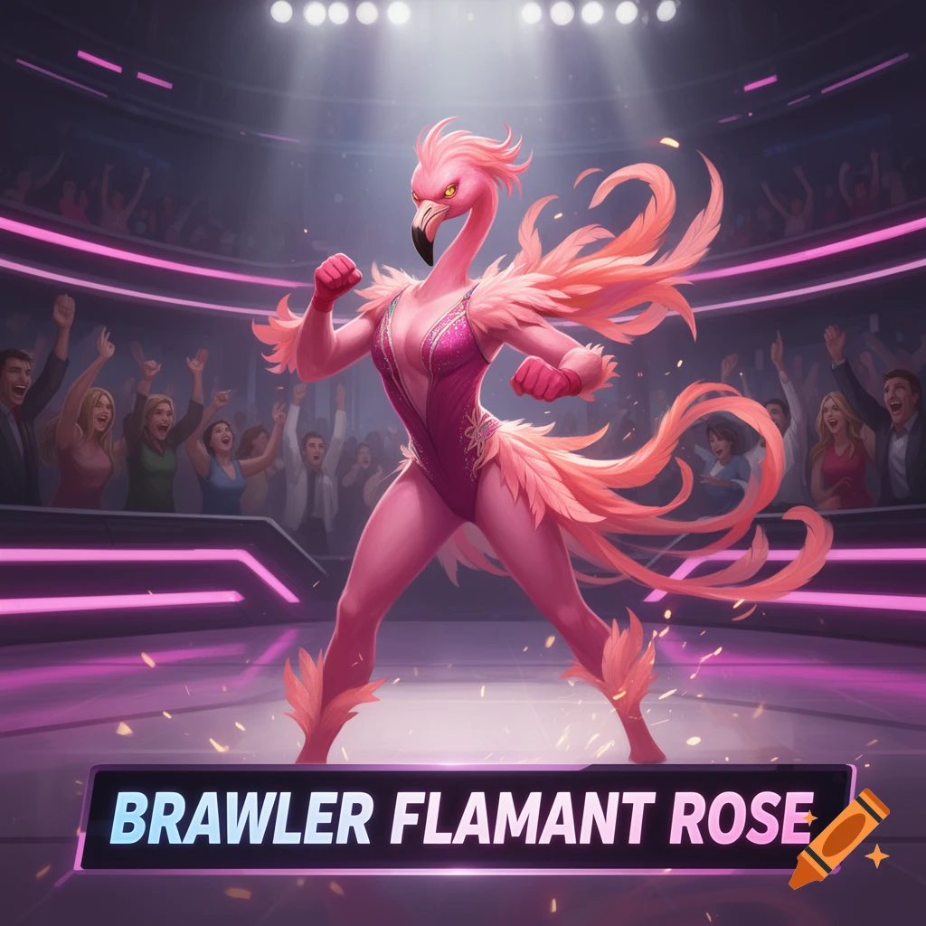 An anthropomorphic pink flamingo in a brawler costume stands in a neon-lit fighting arena, with a cheering crowd in the background.