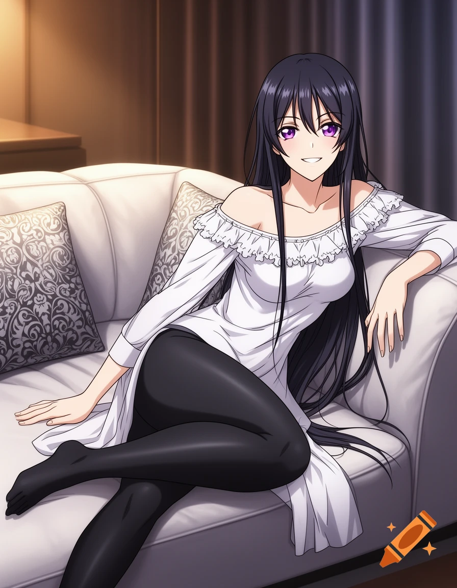 Anime woman with long black hair and purple eyes, wearing a white off-shoulder top and black leggings, sits on a white couch.