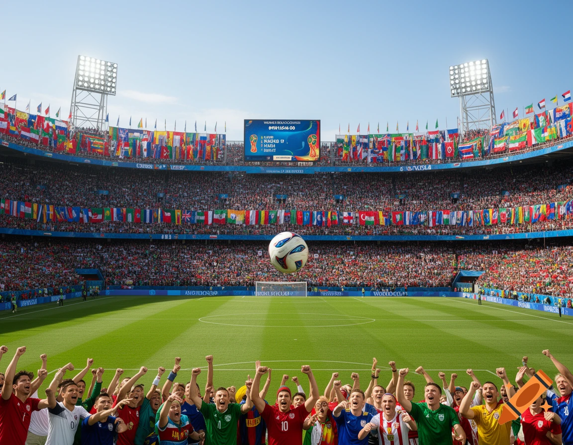 Photorealistic wide shot of a crowded soccer stadium under a clear sky, with a soccer ball floating above the green field and cheering fans.