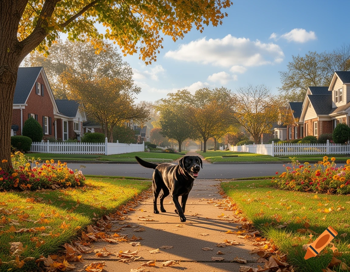 A black Labrador dog walks on an autumn sidewalk lined with fallen leaves and colorful flowers in a sunny suburban neighborhood.