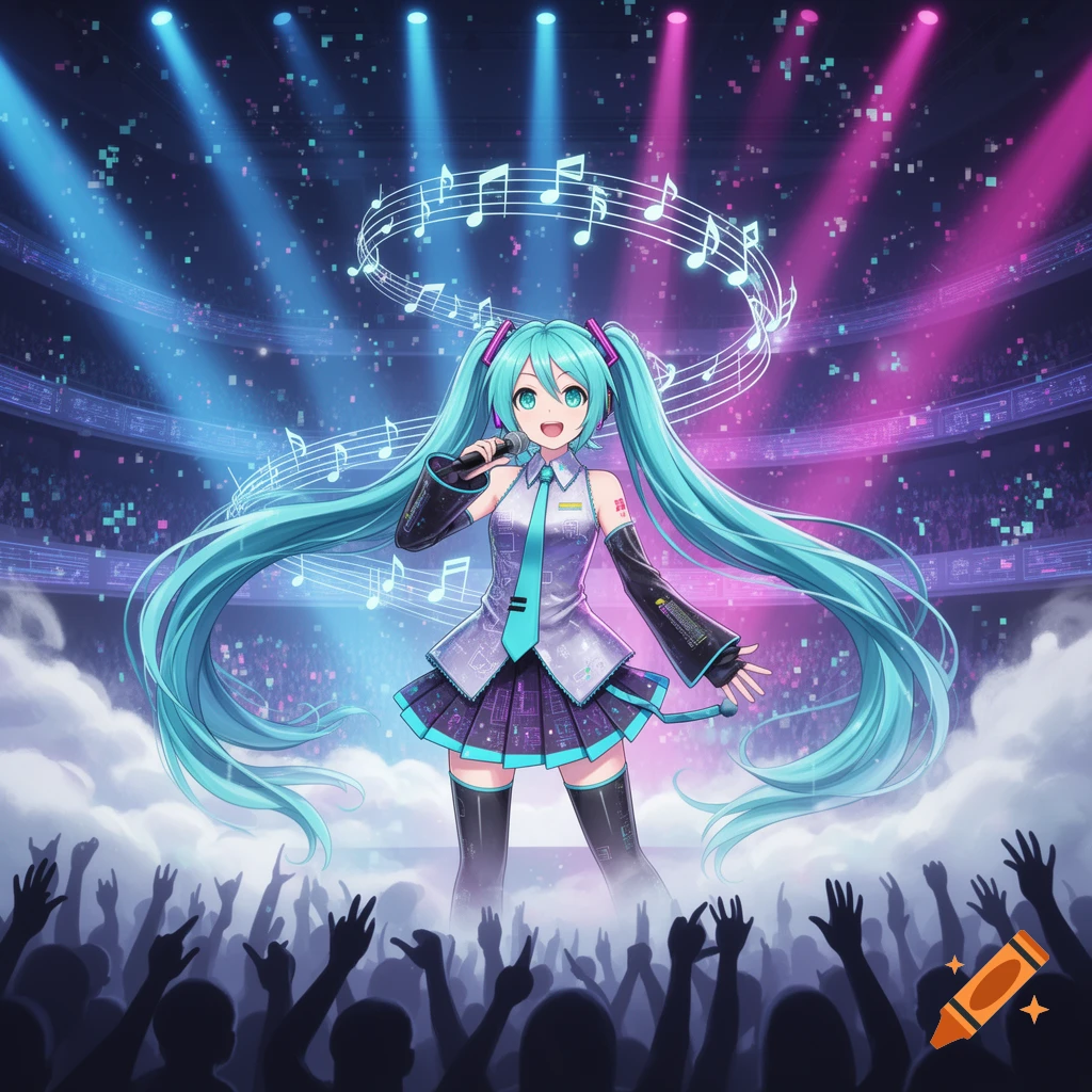 Hatsune Miku sings on a glowing stage under blue and pink lights, with musical notes floating around her and a silhouetted audience.