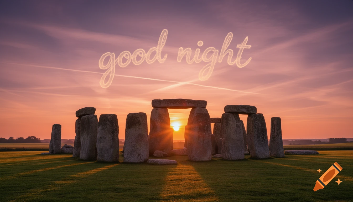 Photorealistic image of Stonehenge at sunset with 'good night' written in the sky.
