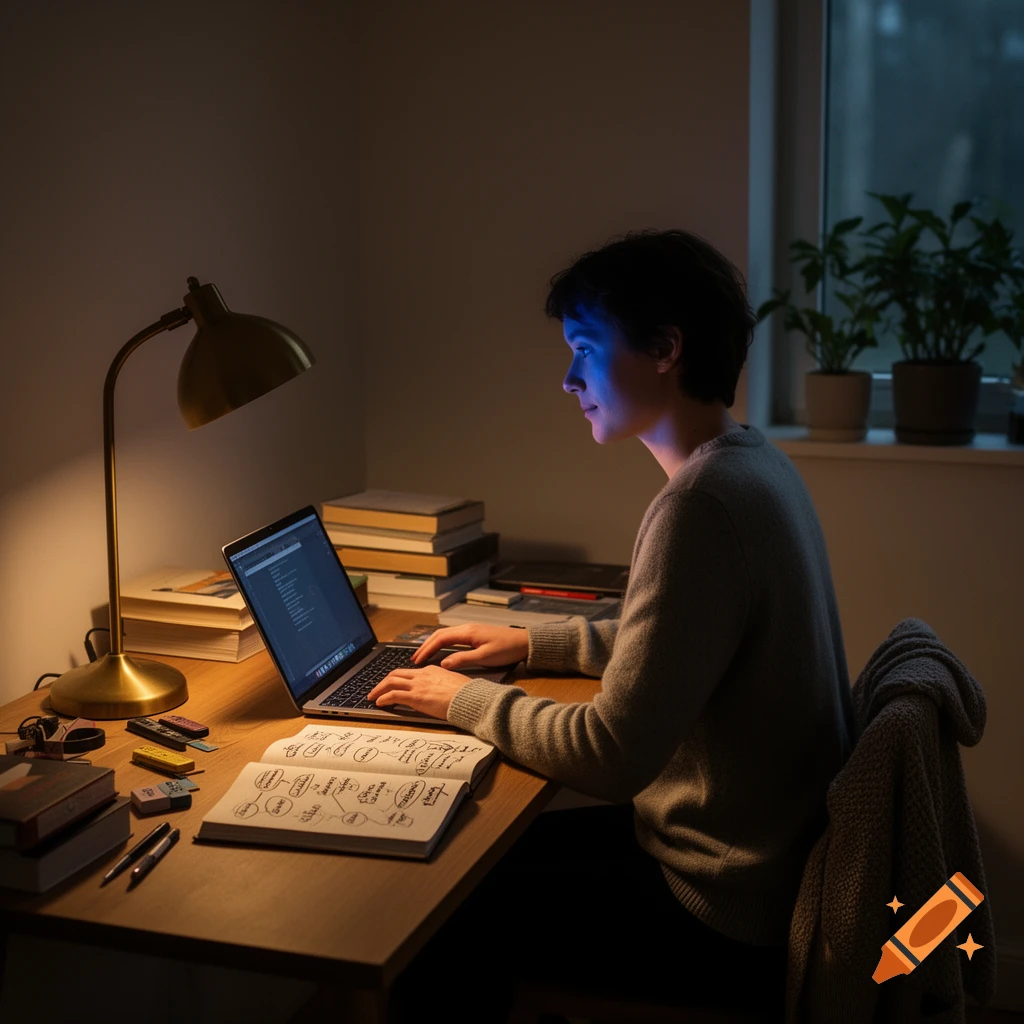 A person works on a laptop at a desk in the evening, illuminated by a warm lamp, with a notebook open to diagrams.
