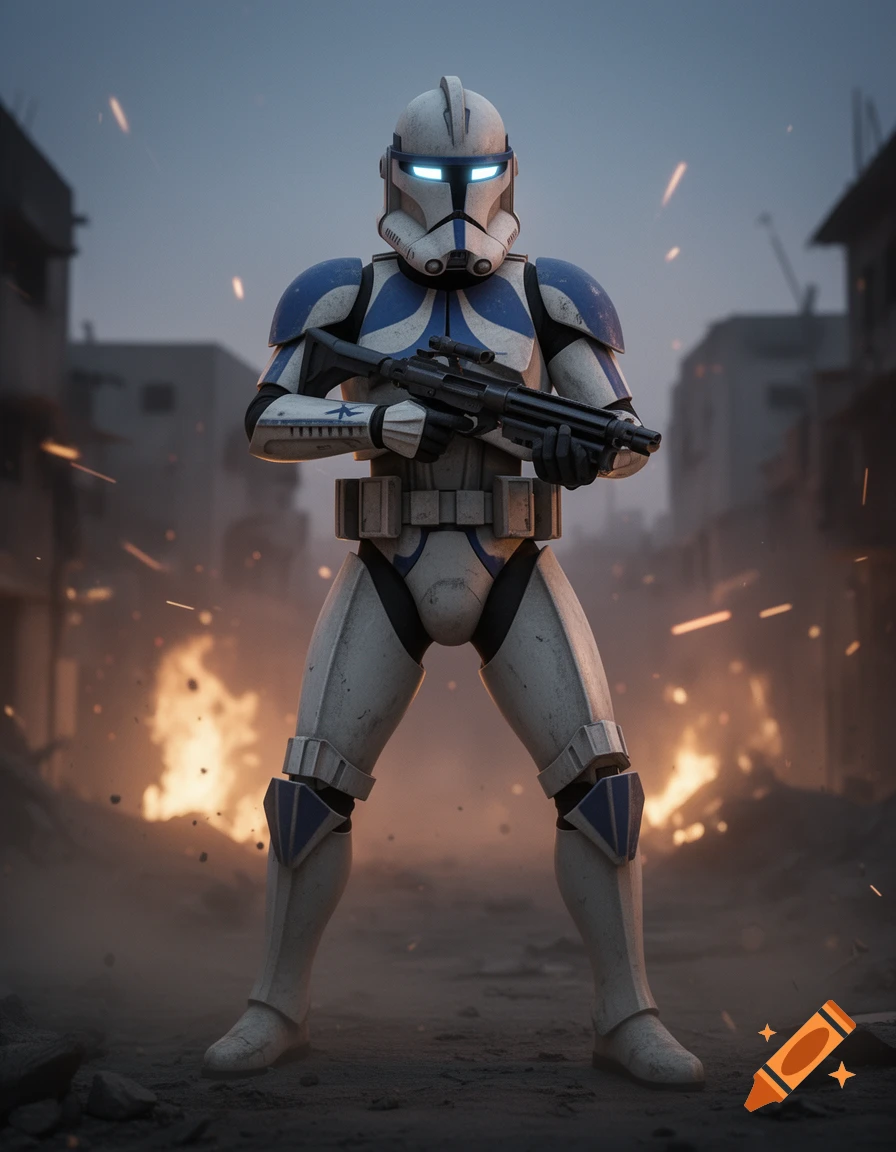 A photorealistic Star Wars clone ARC Trooper in blue and white armor stands in a war-torn city street with fires burning.
