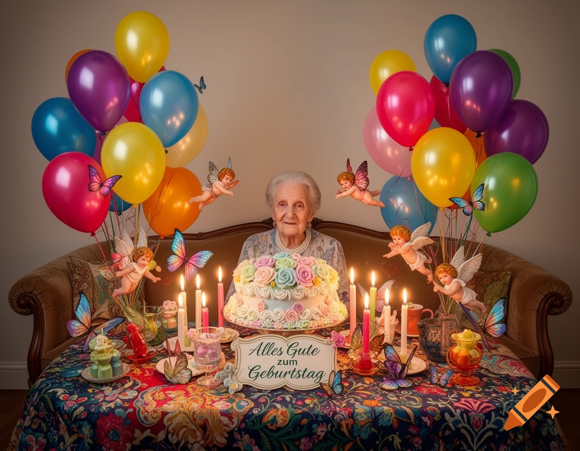 An elderly woman sits behind a colorful birthday table with a cake, lit candles, balloons, cherubs, and butterflies, in a kitschy style.