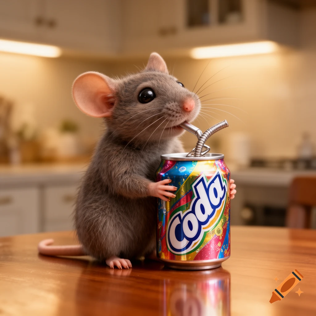 A photorealistic cute mouse holding a colorful soda can with a bendy straw in a kitchen.
