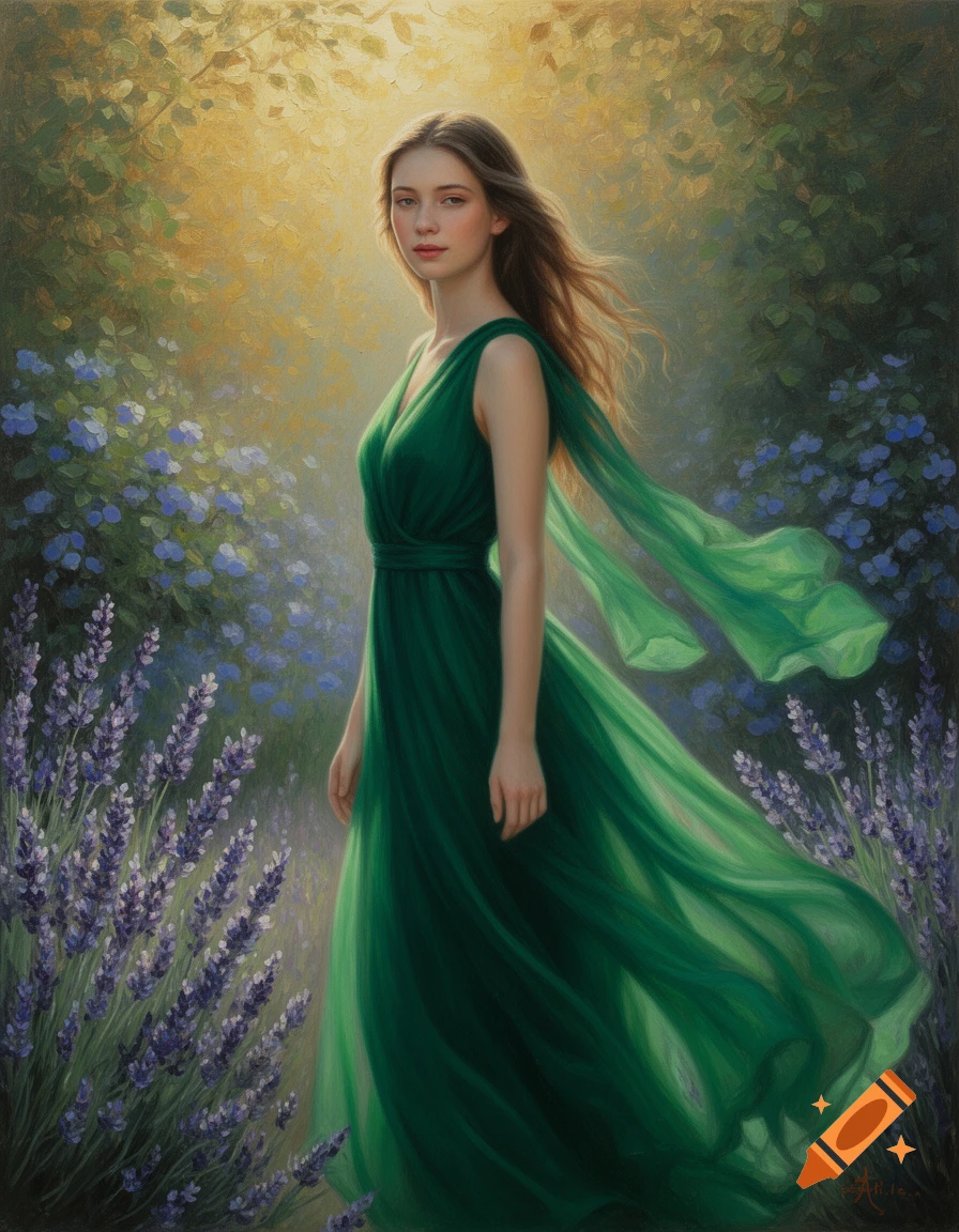 An oil painting of a young woman in a flowing green dress standing in a sunlit lavender field.