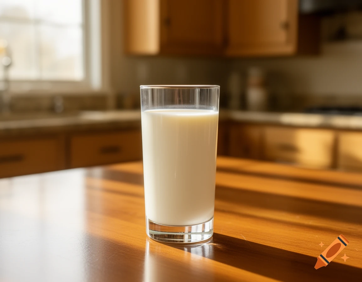 Photorealistic image of a glass of milk on a sunlit wooden kitchen table.