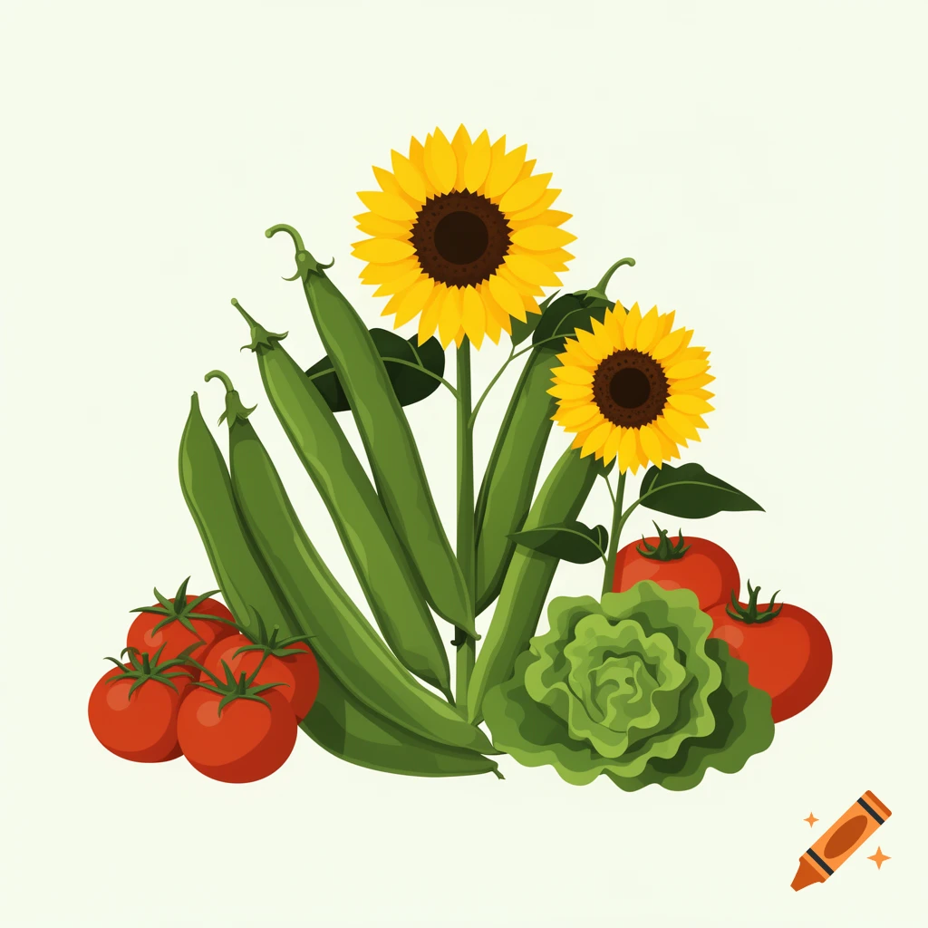 A stylized illustration featuring a cluster of green beans, red tomatoes, lettuce, and two bright yellow sunflowers.