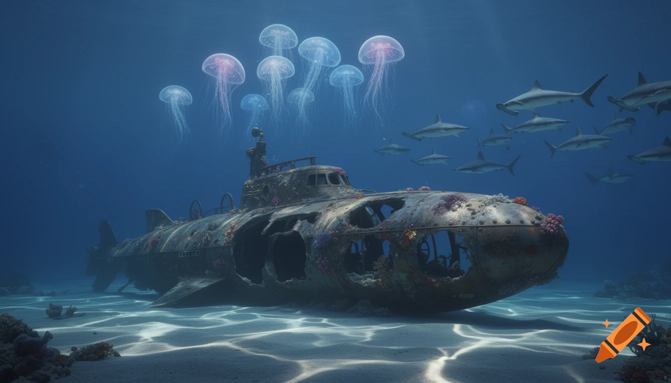 A photorealistic underwater scene of a rusted submarine wreck on the seabed, surrounded by glowing jellyfish and hammerhead sharks.
