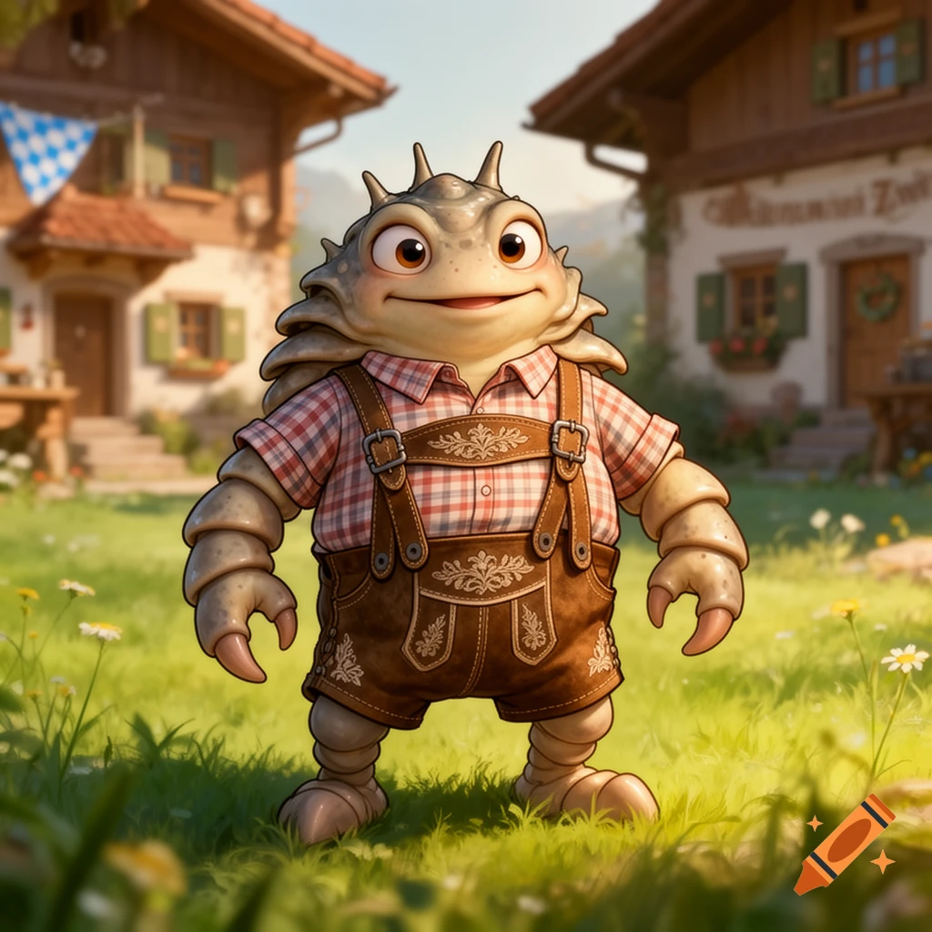 A cute, cartoony crab-like creature wearing traditional Lederhosen stands in a grassy field with Bavarian-style houses.