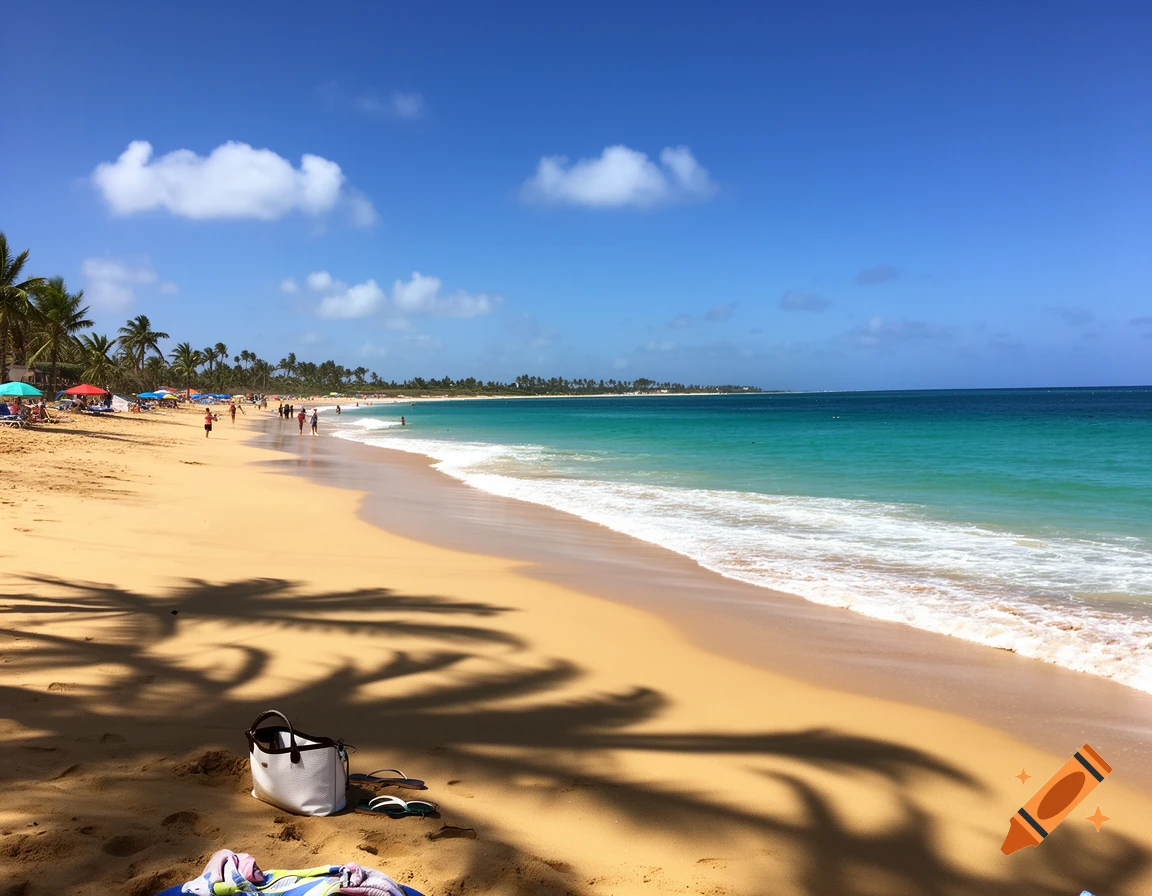 A vibrant sunny beach scene with golden sand, clear blue ocean, palm trees, and people walking along the shore.