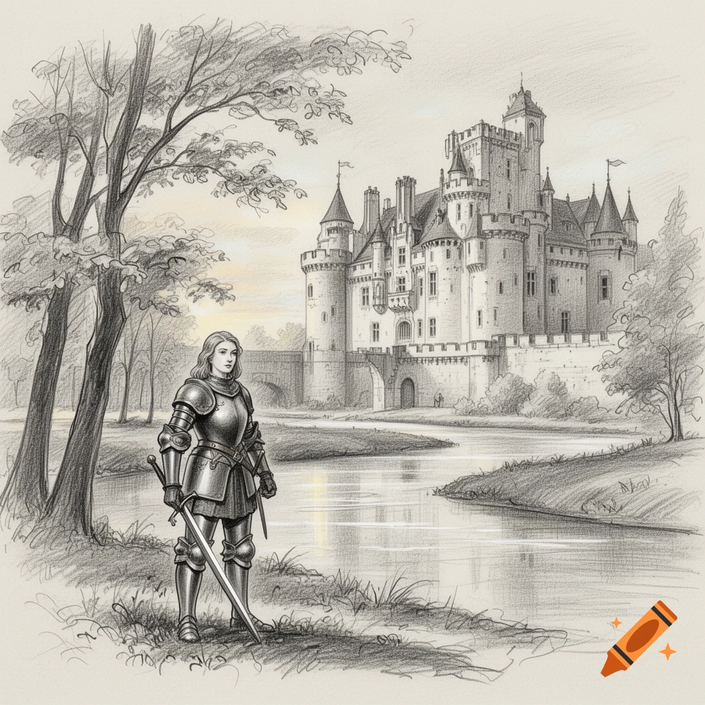 A pencil sketch of a woman in full plate armor holding a sword, standing by a river with a medieval castle in the background.