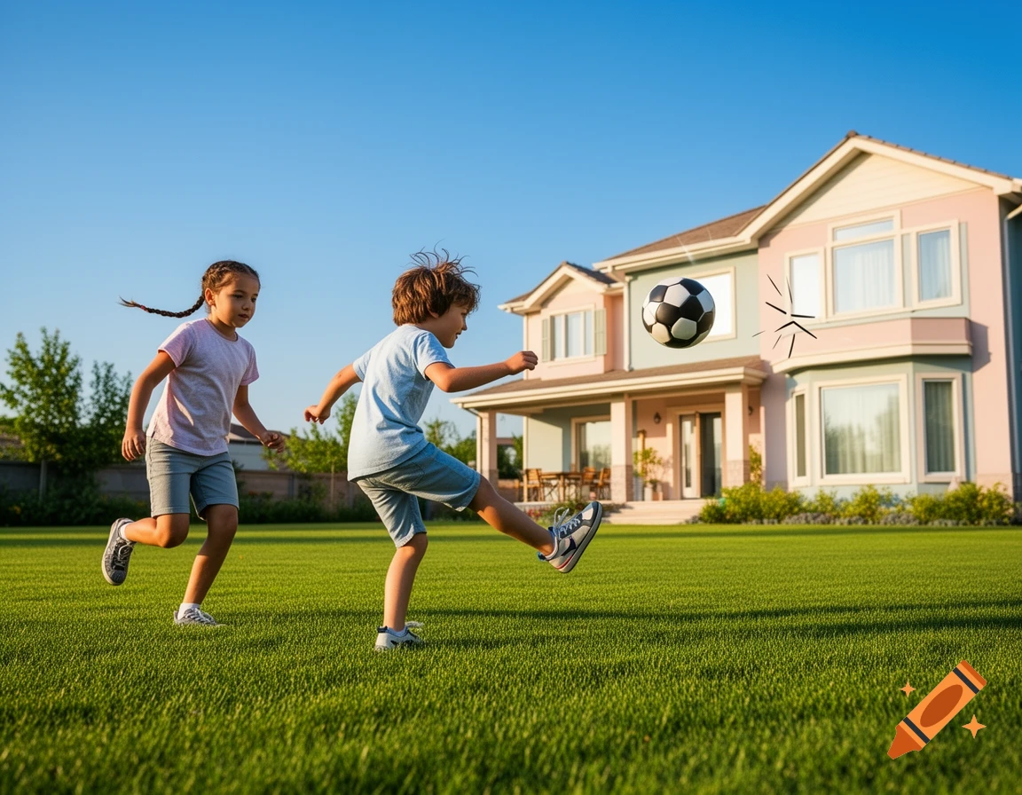 Two children play soccer on a sunny green lawn, one kicking the ball towards a large house.