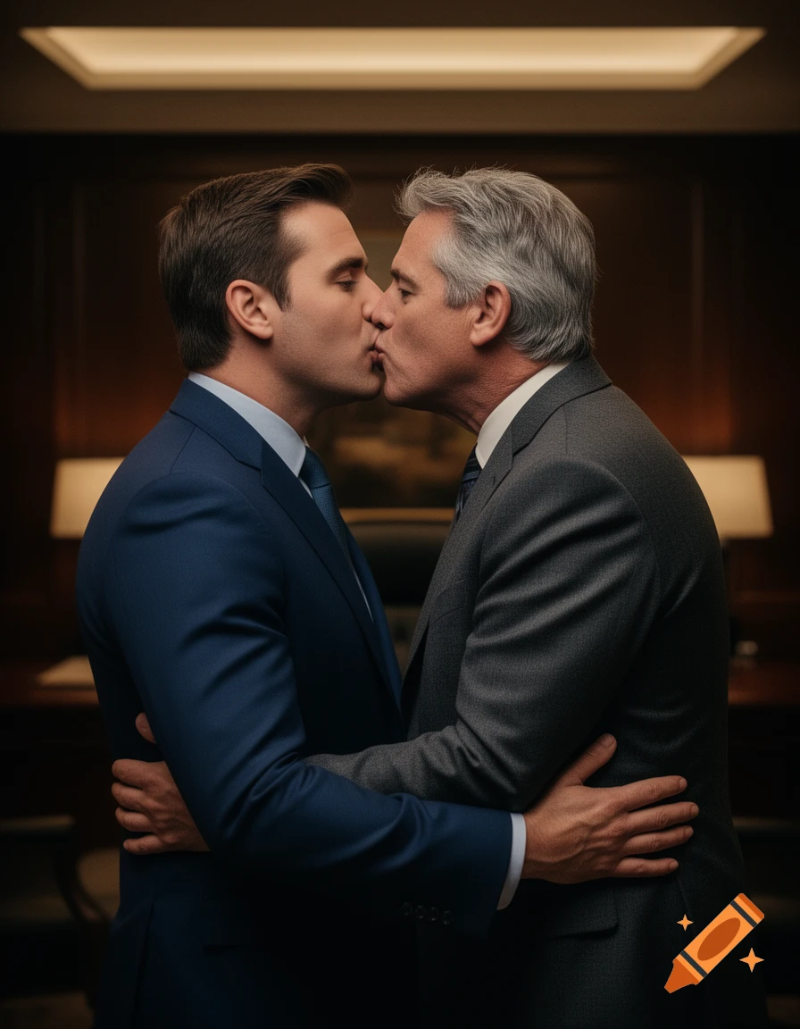 Two men in suits kiss intimately in a professional office setting, photorealistic style.