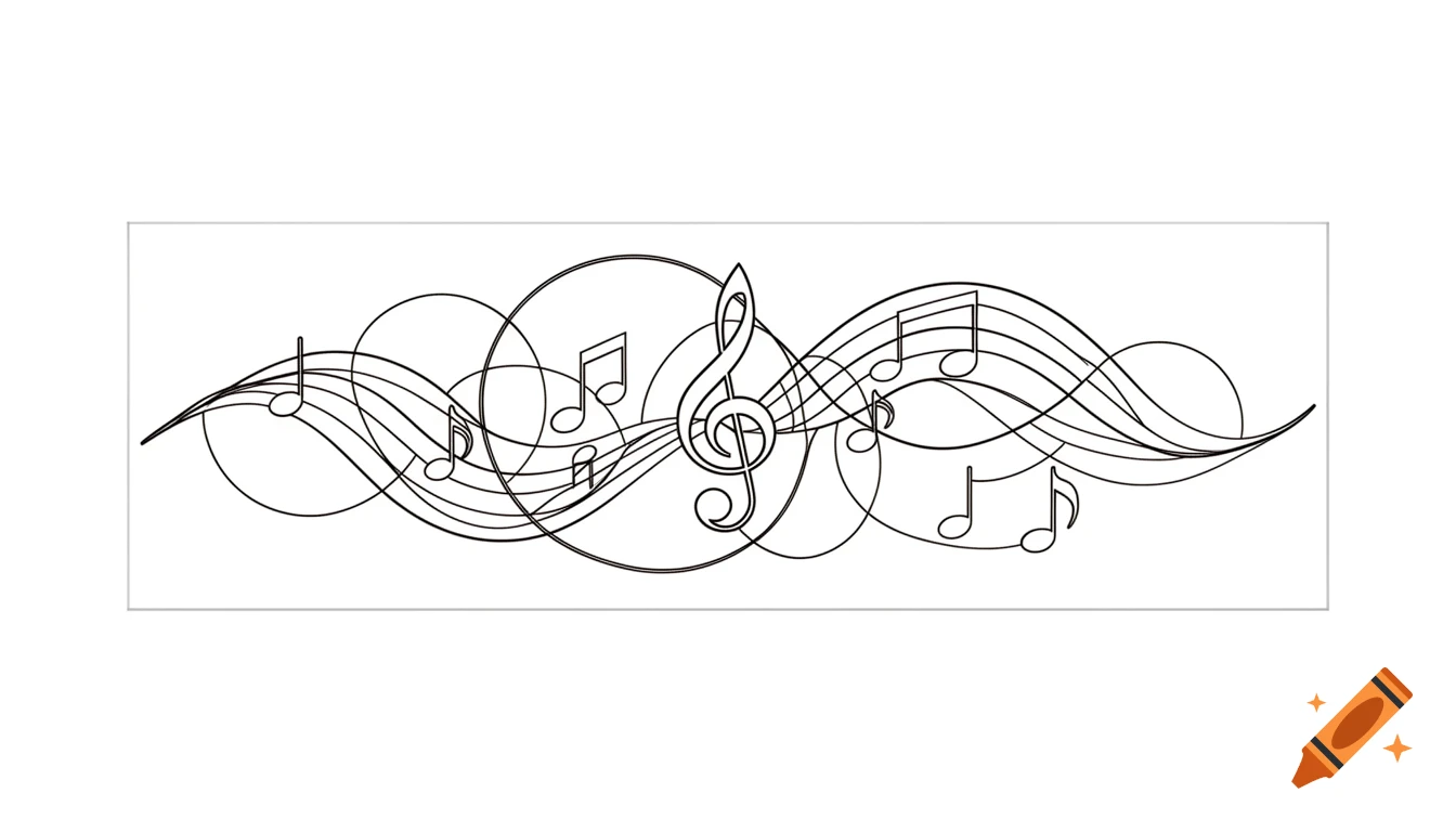 Black line art illustration of musical notes, a treble clef, and swirling staves on a white background.