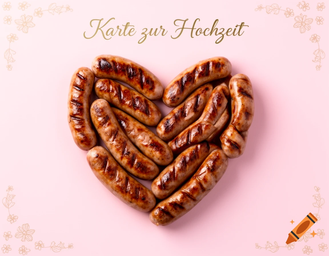A heart shape made of grilled sausages on a pink background, with golden text "Karte zur Hochzeit" (Wedding Card) and delicate floral embellishments.