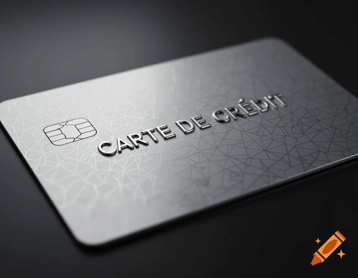 Close-up of a silver credit card with 'CARTE DE CRÉDIT' embossed and a microchip, photorealistic style.