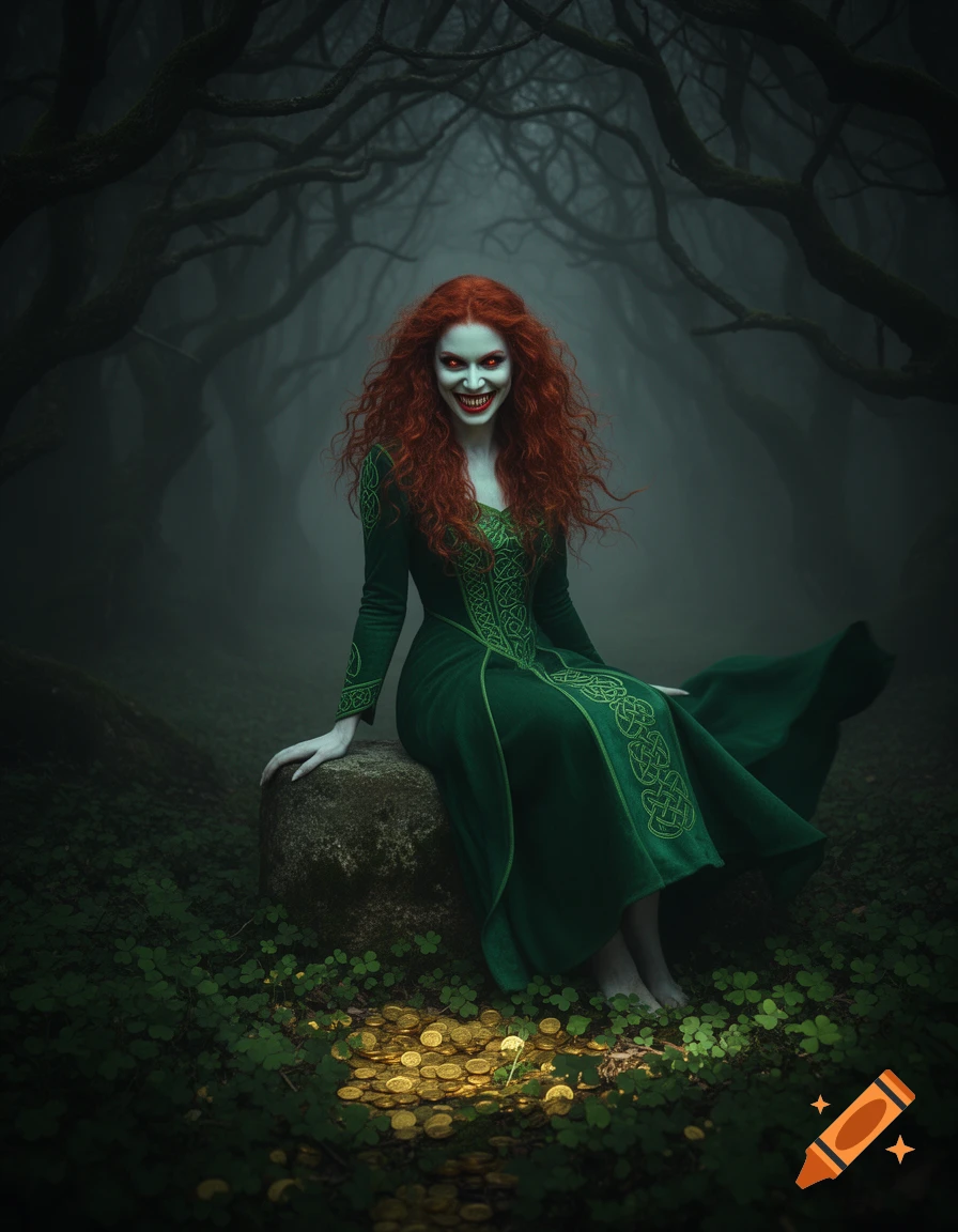 A creepy woman with red hair and sharp teeth smiles in a dark, misty forest, surrounded by clover and glowing gold coins.