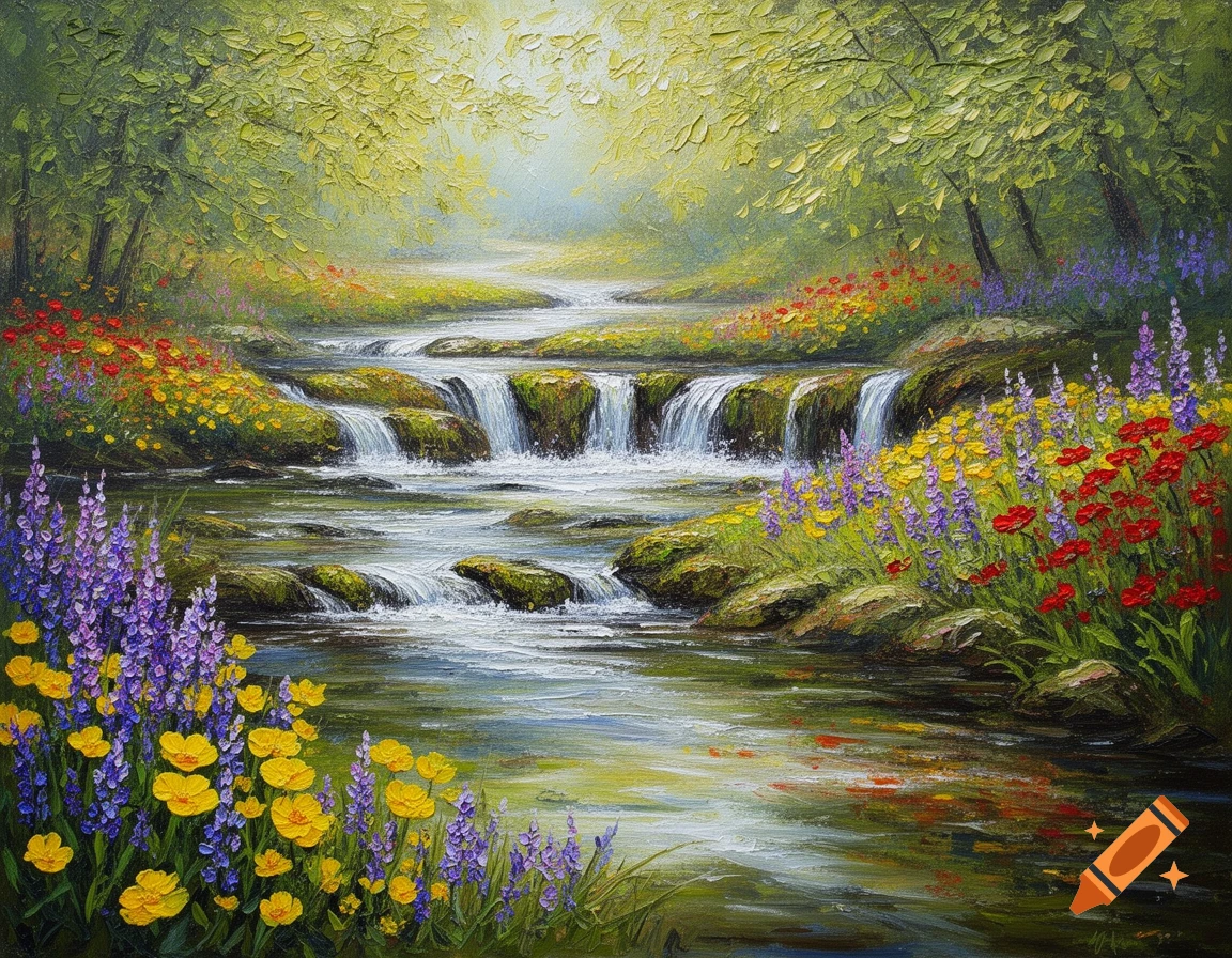 Impressionistic oil painting of a country stream flowing over small waterfalls through a forest with colorful wildflowers.