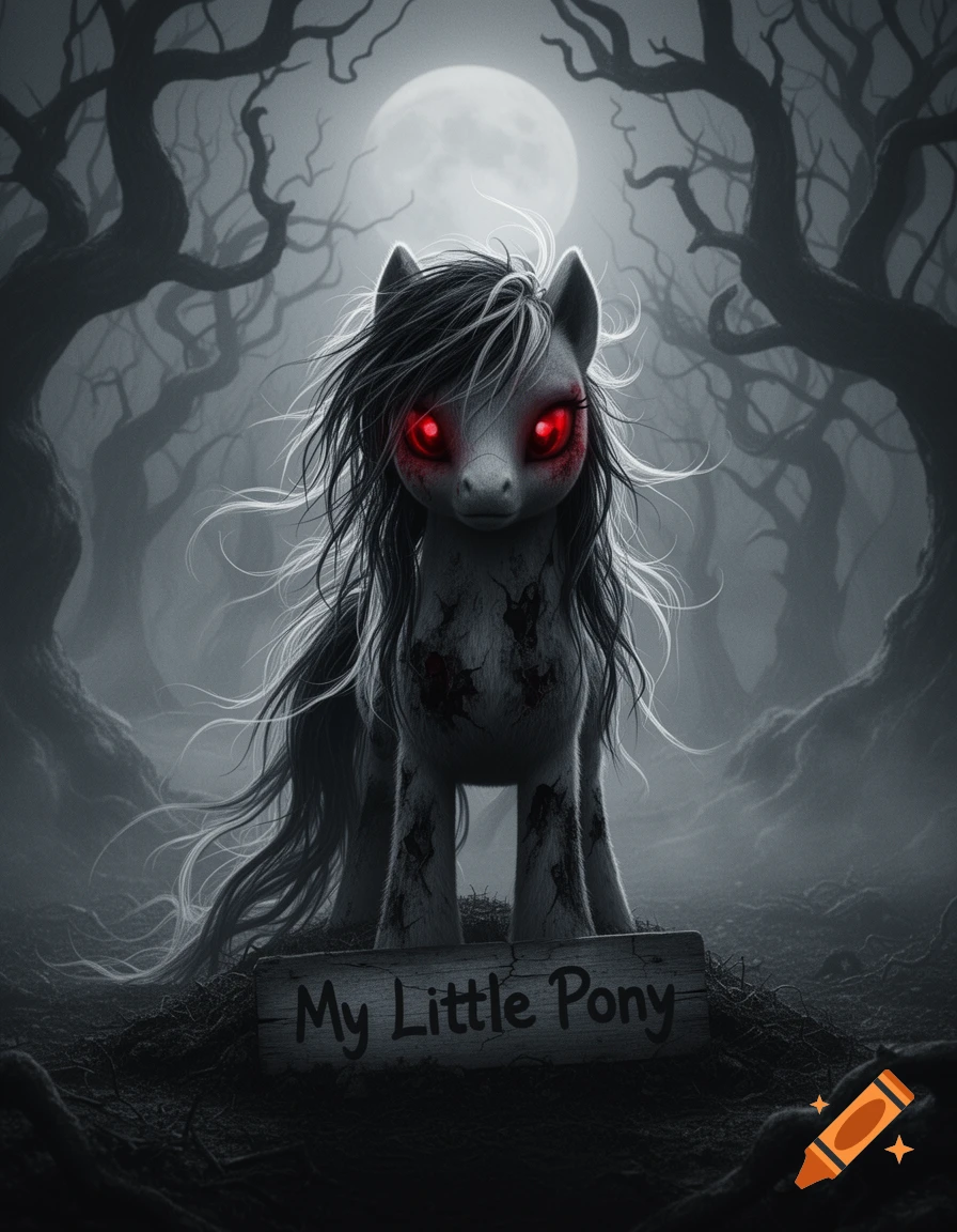 A creepy pony with glowing red eyes and messy hair stands in a dark, gnarled forest under a full moon, with a sign reading "My Little Pony" in the foreground, in a horror movie cover style.