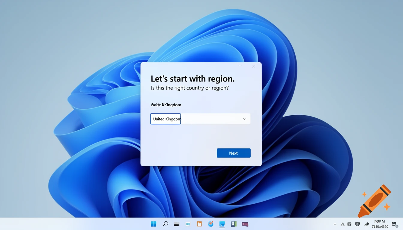 A photorealistic screenshot of the Windows 11 setup screen, featuring a blue abstract wallpaper and a centered white pop-up window asking to confirm the region, with 'United Kingdom' selected.