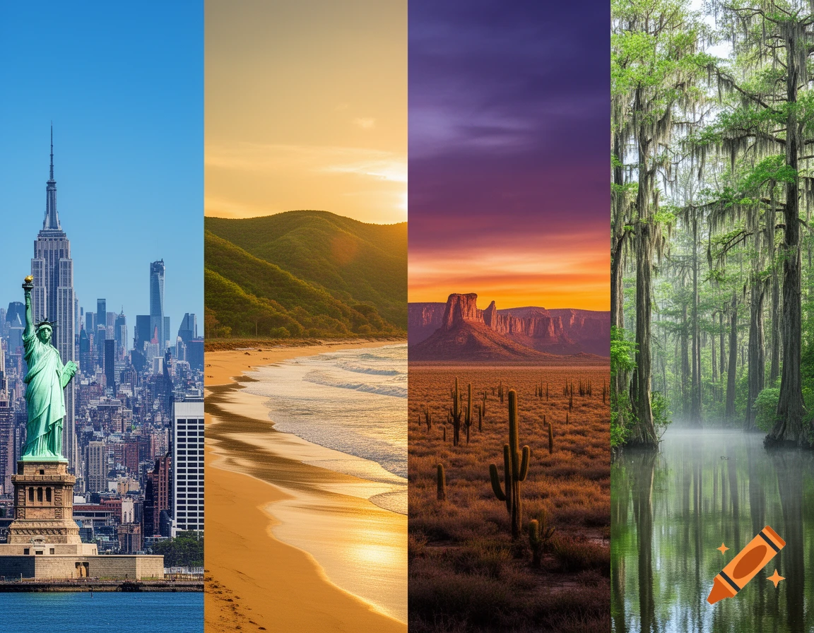 Four vertical panels showing diverse US landscapes: New York City with Statue of Liberty, a beach at sunset, a desert with cacti, and a misty cypress swamp.