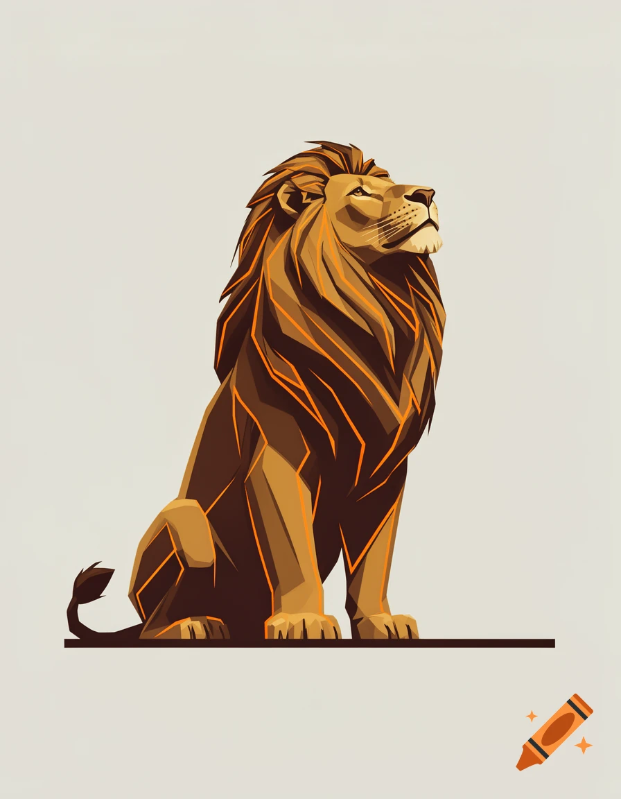 A stylized vector art illustration of a majestic lion sitting and looking upwards, featuring brown tones and orange accent lines.