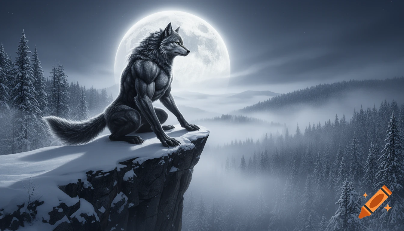 A muscular anthropomorphic werewolf sits on a snow-covered cliff overlooking a misty winter forest, with a large full moon behind it in a dark fantasy illustration.