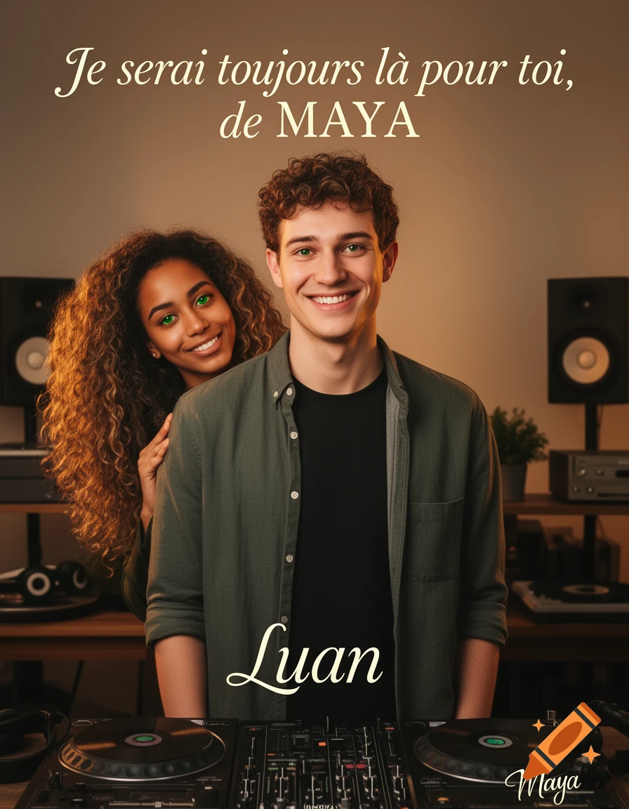 A smiling mixed-race woman with long curly hair stands behind a smiling man with curly hair and green eyes, who is in front of DJ turntables. Text reads 'Je serai toujours l2a pour toi, de MAYA' and 'Luan', with 'Maya' in the corner. Photorealistic style.