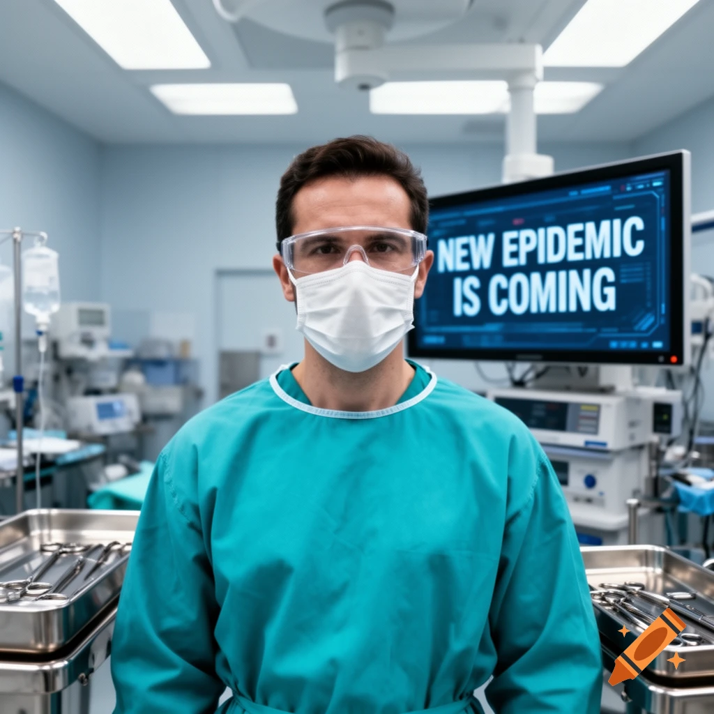 A masked surgeon wearing safety glasses stands in an operating room with a monitor displaying "NEW EPIDEMIC IS COMING" in the background.