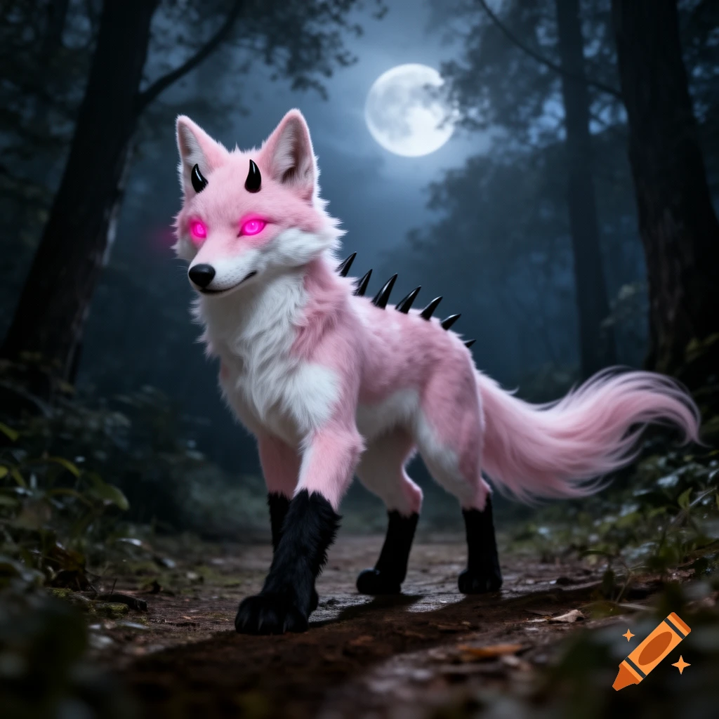 A pink furry creature with glowing pink eyes, black horns, and black spikes on its back stands on a forest path under a full moon.