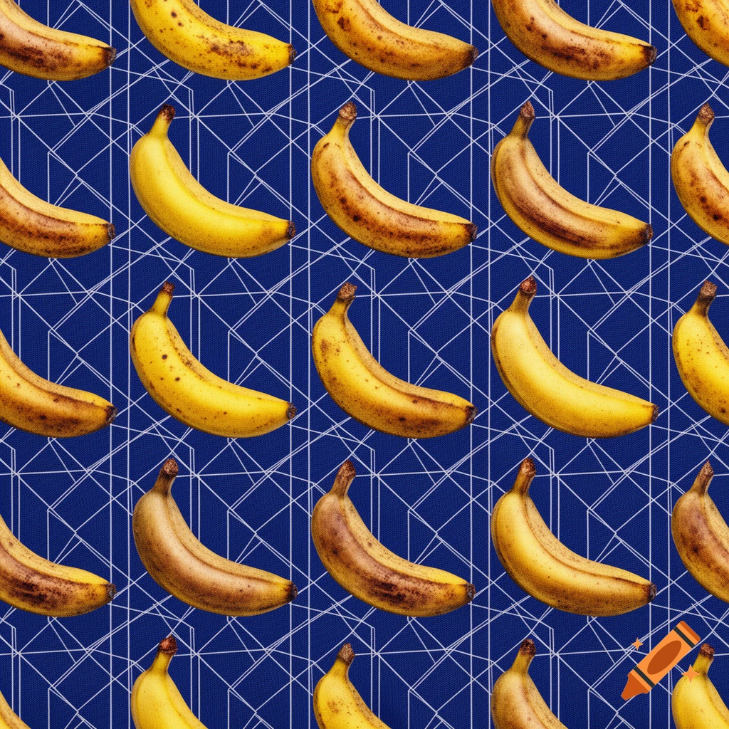 A seamless repeating pattern of ripe bananas with brown spots on a dark blue background with white geometric lines.