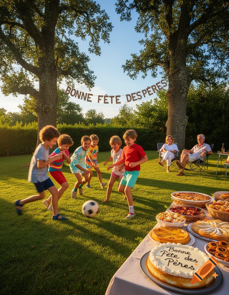 Children play soccer in a sunny backyard gathering while adults relax in chairs. A table with food and a "Bonne Fête des Pères" cake is in the foreground.