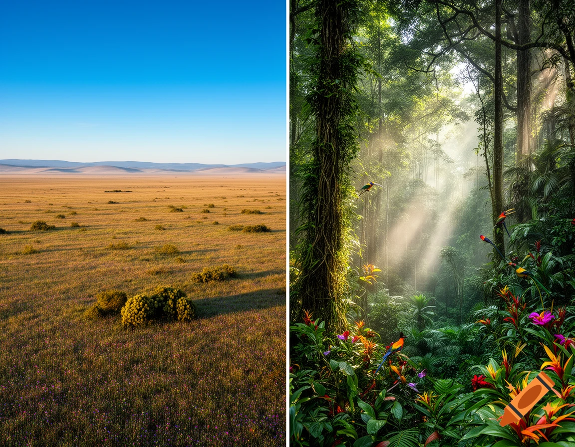 A split image showing a dry grassy plain under a clear sky on the left and a lush, sunlit rainforest with colorful birds on the right.