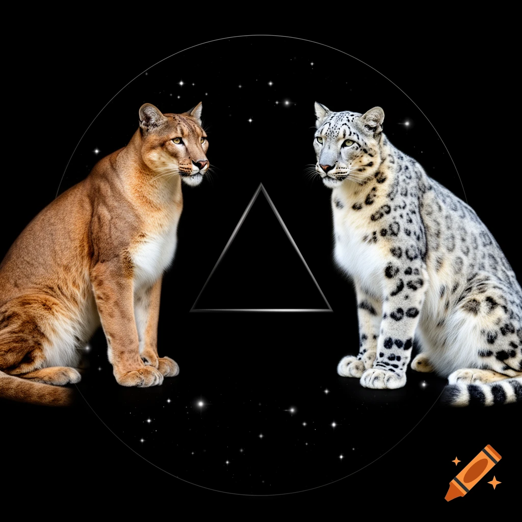 A brown puma and a white snow leopard sit facing each other on a black background with stars, a geometric circle, and a triangle.