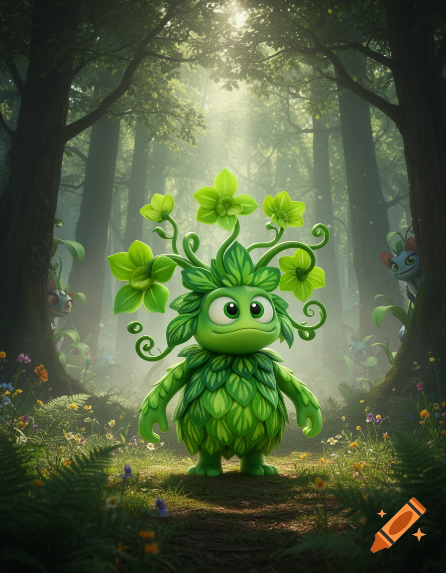 A cute green, leafy monster creature with big eyes and a floral headpiece stands in a sunlit forest, with other small creatures in the background.
