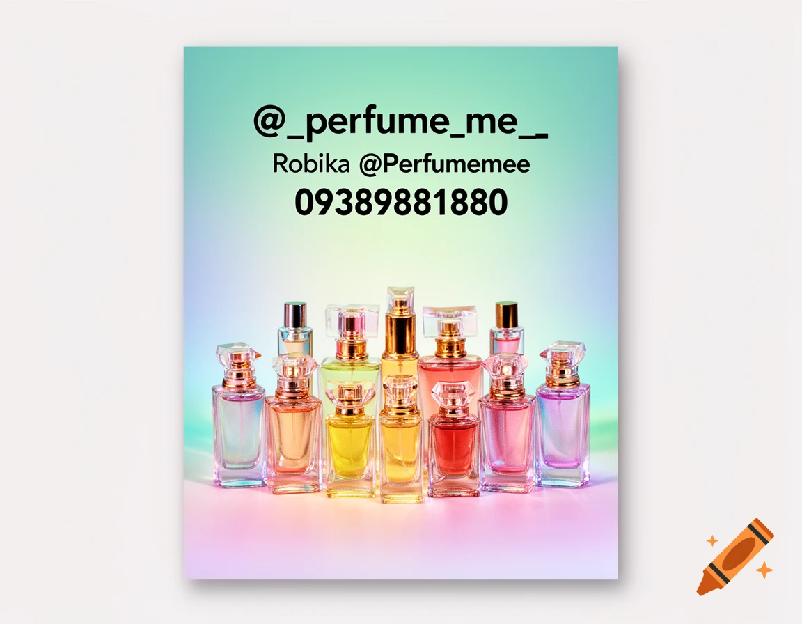 A collection of colorful perfume bottles arranged on a gradient background with brand text and a phone number.