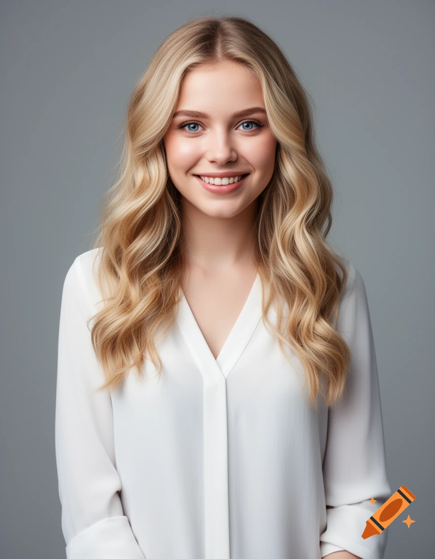 A smiling young woman with blonde, wavy hair and blue eyes wears a white blouse against a gray background.