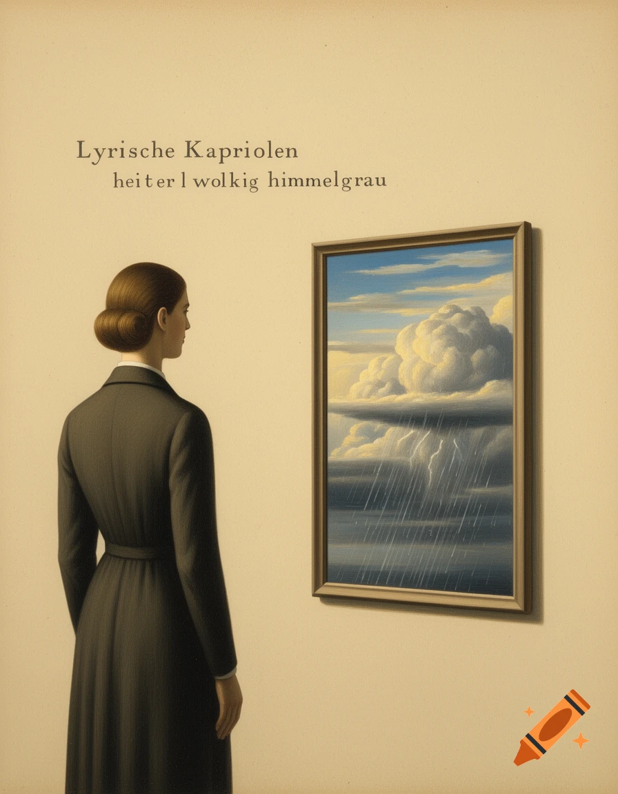 A person in a long coat views a surrealist painting of a stormy sky, with text 'Lyrische Kapriolen' above, in the style of René Magritte.
