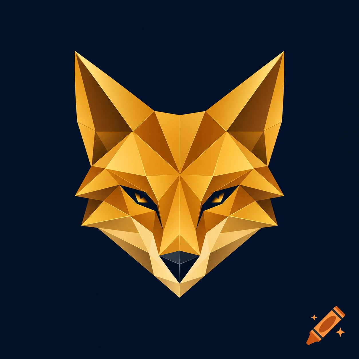 Geometric low poly fox face logo in gold and amber colors against a dark navy blue background.