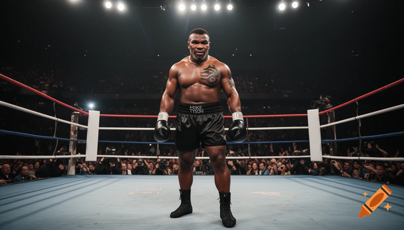 Mike Tyson stands shirtless in a boxing ring under bright lights, wearing black shorts and gloves, with a crowd in the background. Photorealistic style.