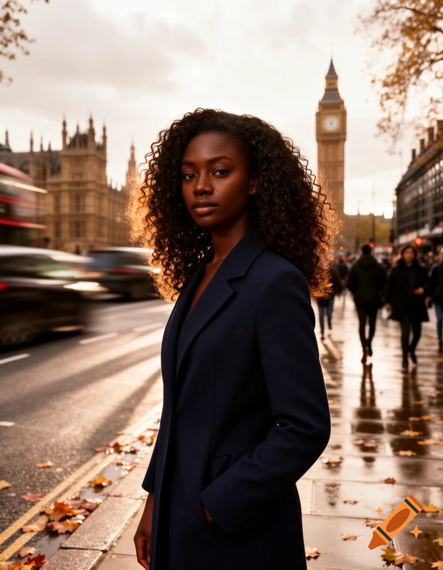 A stylish Black woman with curly hair stands on a wet London street, Big Ben and Houses of Parliament in the background, cars blurring past.