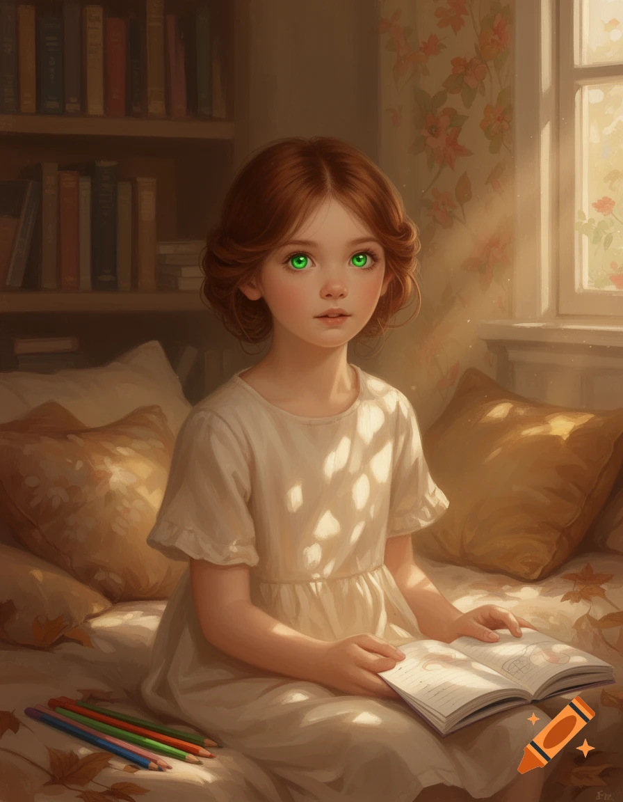 A young girl with reddish-brown hair and glowing green eyes sits on a bed, holding an open book and looking forward, with colored pencils beside her. Sunlight streams through a window on the right.