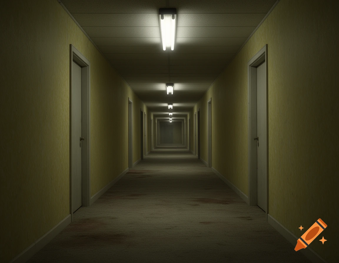 A long, dimly lit hallway with yellow walls, white doors, fluorescent lights, and a stained carpet, creating a creepy, liminal space.