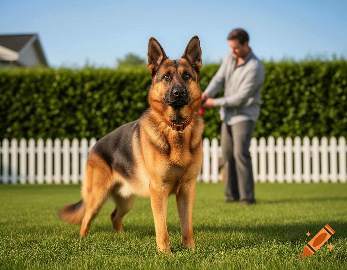 A German Shepherd dog stands on a green lawn, looking forward, with a man and a white fence in the background.