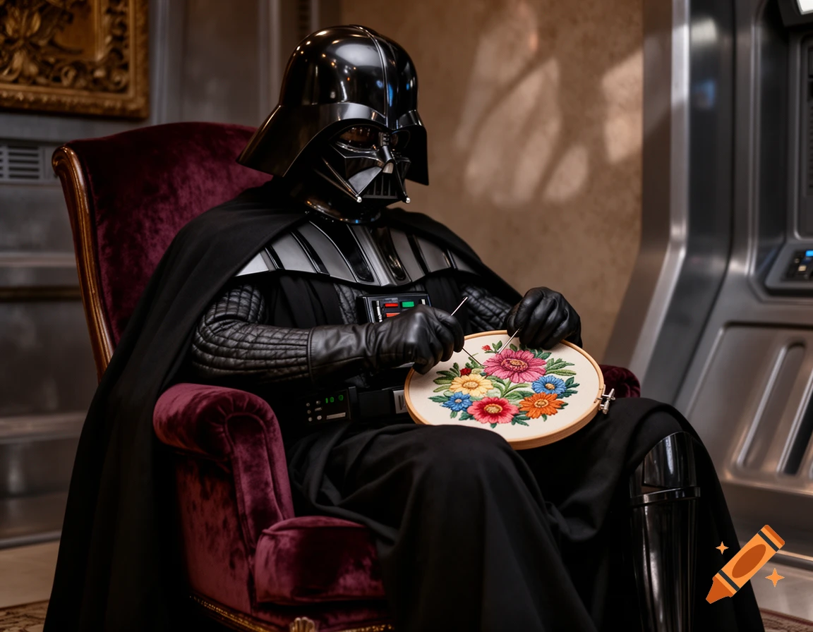 Darth Vader sits in a plush armchair, diligently embroidering a colorful flower pattern on a hoop.