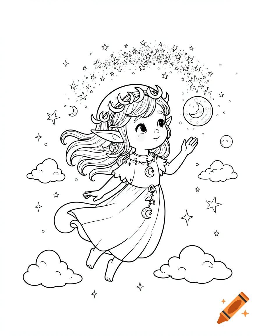Black and white line art of a cute moon elf child floating among stars and clouds, holding a crescent moon orb, in a coloring page style.